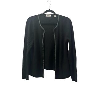 Lord & Taylor 2-ply cashmere black ribbed open cardigan sweater w/ sequin trim L